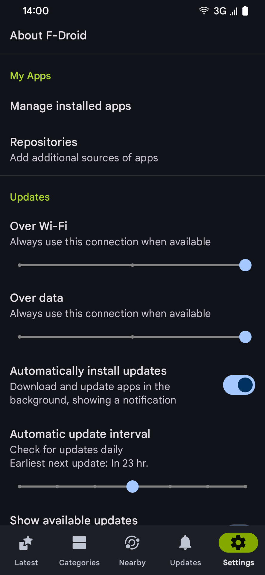 F-Droid Settings view, Material Design 3