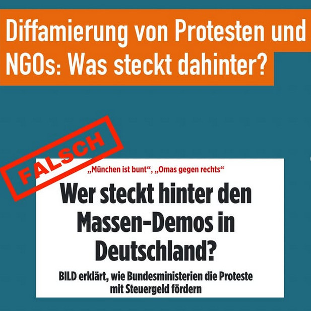 Grafik: Diffamierung von Protesten und NGOs: Was steckt dahinter. Screenshot von der BILD-Schlagzeile: "München ist bunt, "Omas gegen rechts". Wer steckt hinter den Massen-Demos in Deutschland. BILD erklärt, wie Bundesministerien die Proteste mit Steuergeldern fördern. Darüber ein Stempel mit der Aufschrift: FALSCH