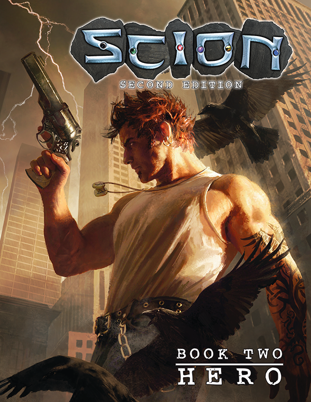 The cover of "Scion Book Two: Hero". A muscular, red-headed man stands in front of high-rise buildings. He carries an oversized revolver in his right hand, and two ravens fly around him. Lightning is visible in the sky.