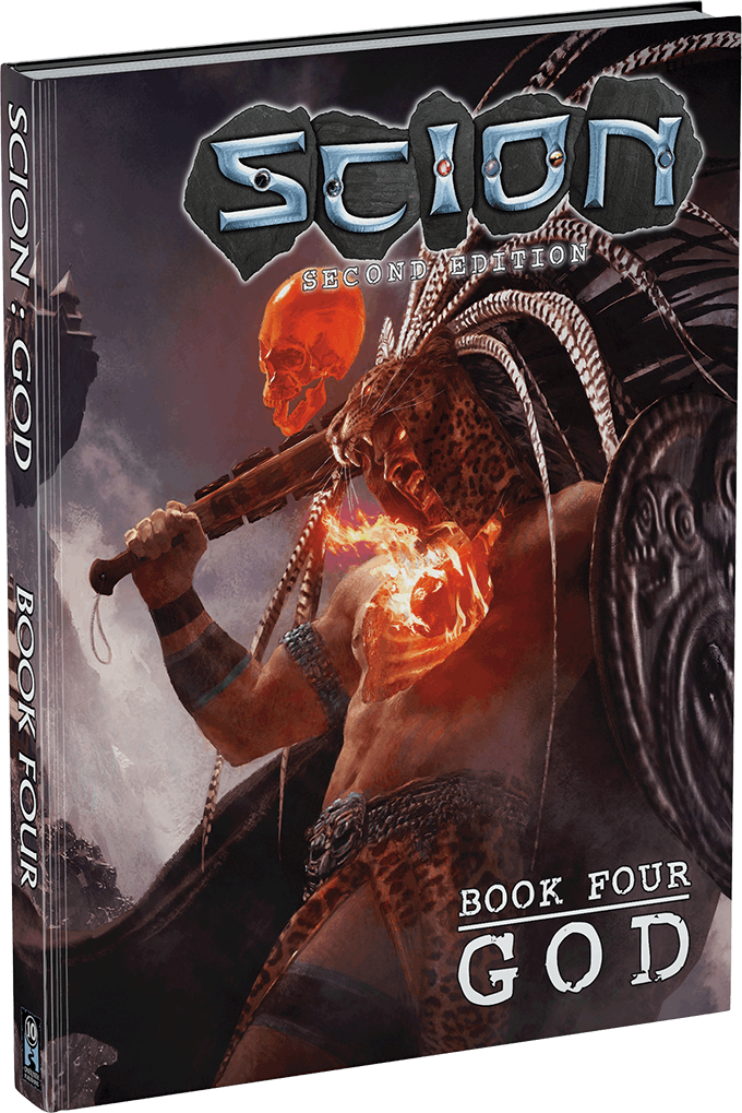 The planned cover of "Scion Book Four: God". A man in the tress of an Aztec jaguar warrior is wielding an obsidian-tipped mace in his right hand and a shield in his left hand. His chest has been carved open, and his heart is surrounded by flames. A red skull is floating next to him. An Aztec pyramid is visible in the background.