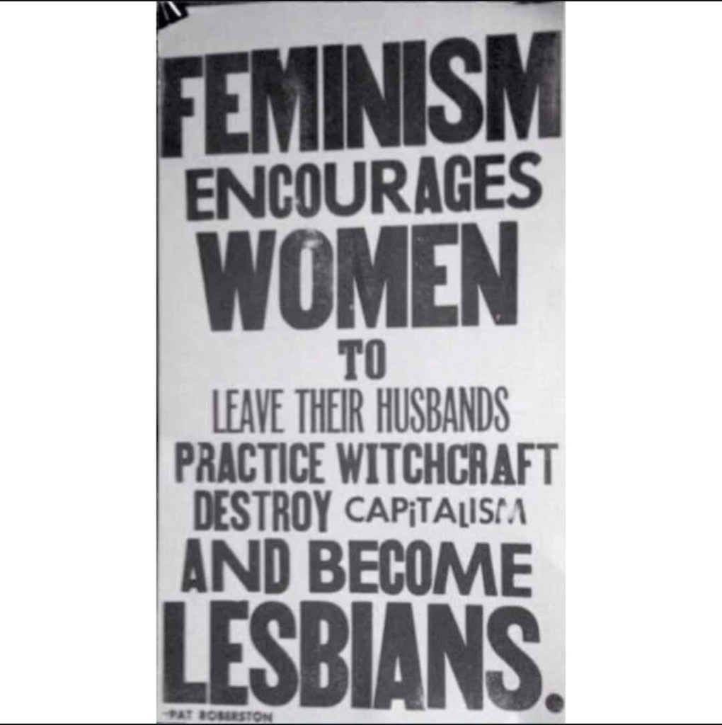 Protest sign saying "feminism encourages women to leave their husbands, practice witchcraft, destroy capitalism and become lesbians"