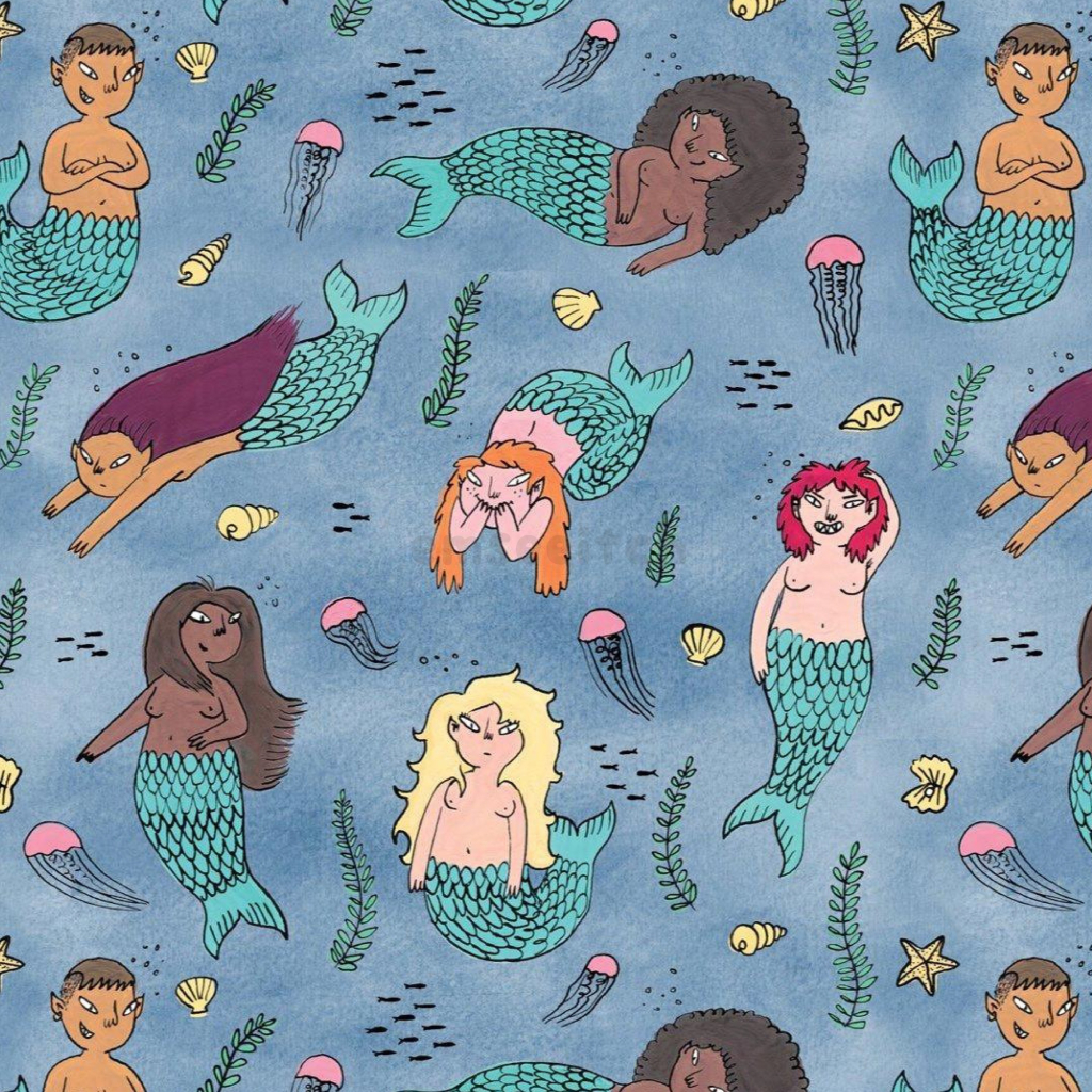 An illustrated pattern of mischievous looking mermaids of different hair styles and skin tones, swimming in a jellyfish and shell filled ocean