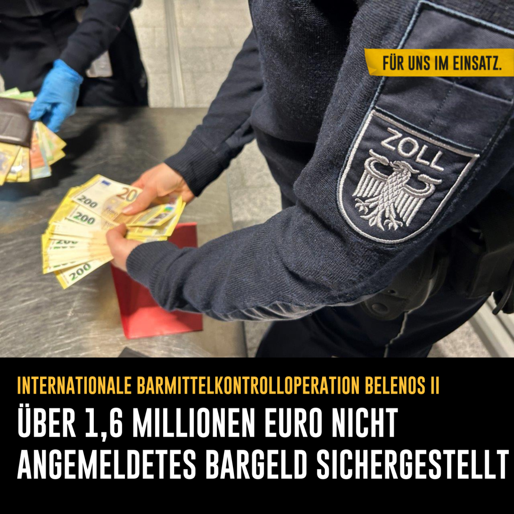 Foto: Ein Zöllner zählt ein Bündel 200 Euro Scheine.

Text: Internationale Kontrolloperation Belenos II - Über 1,6 Millionen Euro nicht angemeldetes Bargeld sichergestellt.