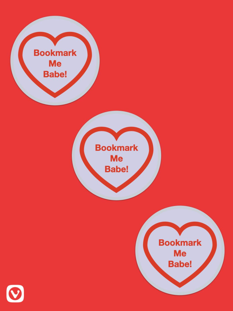 Three hearts with the text "Bookmark Me Babe!" written on them.