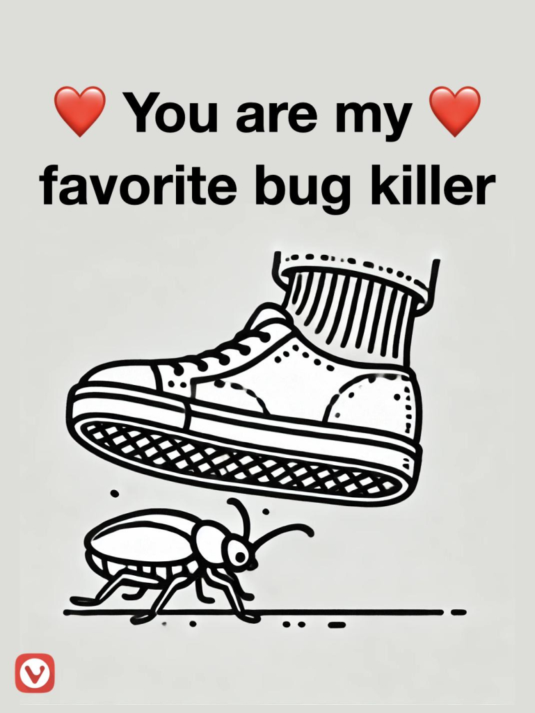 Text "You are my favorite bug killer" between two heart emojis.
Below it is a foot in a sneaker about to squash a bug.