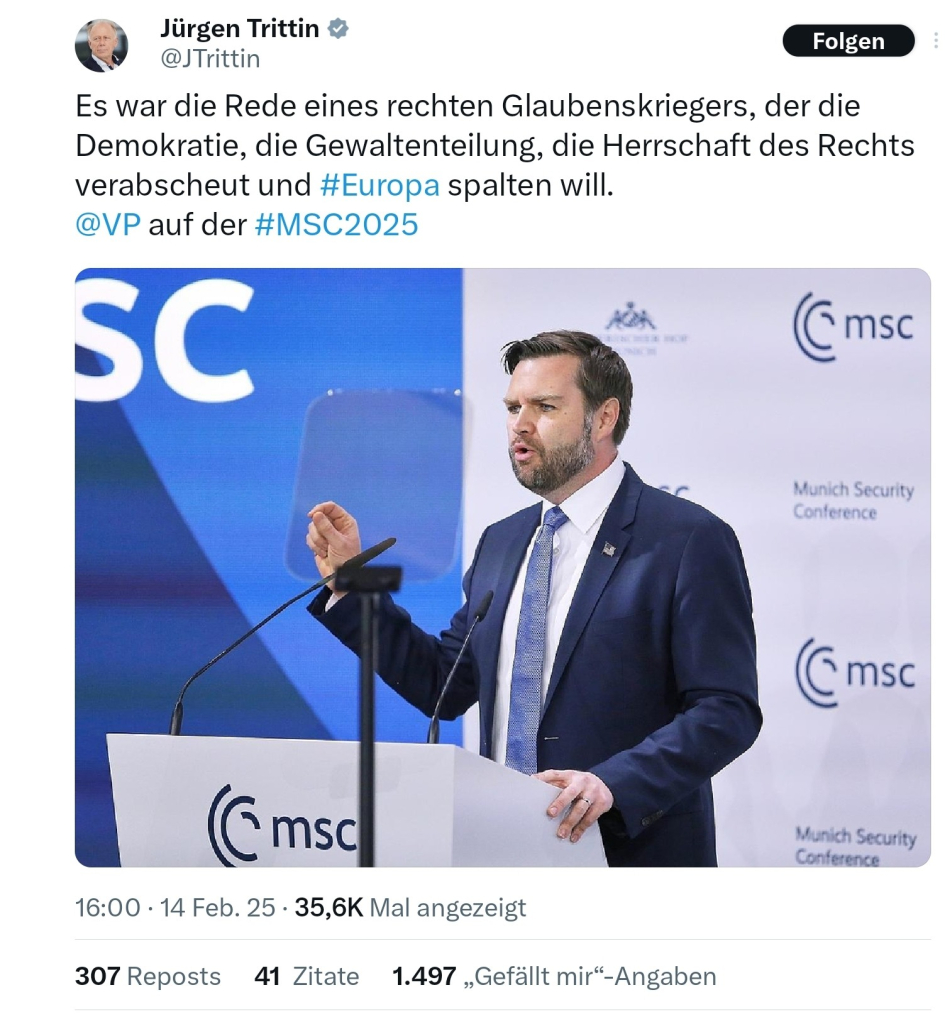 Jürgen Trittin, Vance ist ein rechter glaubenskrieger, der die Demokratie abschaffen will die Herrschaft des Rechts verabscheut...