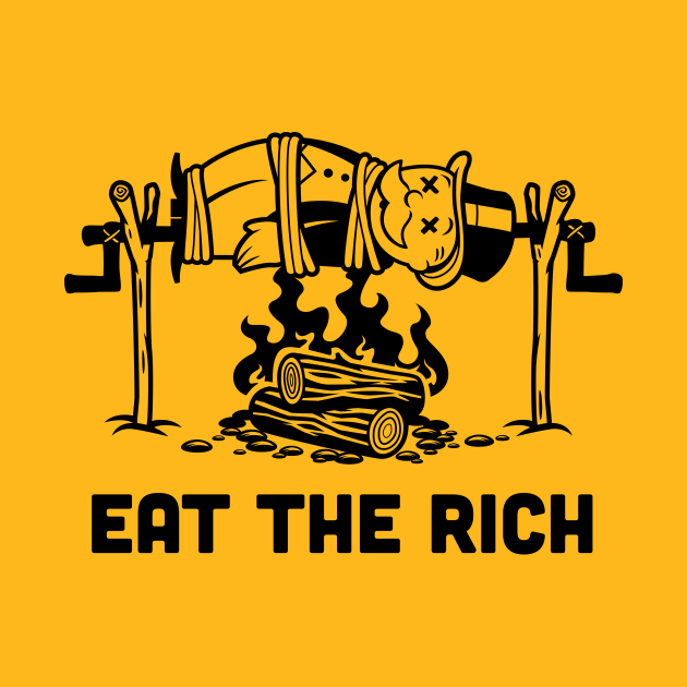 The Monopoly rich dude on a spit over a fire. Below are the words, "Eat The Rich."