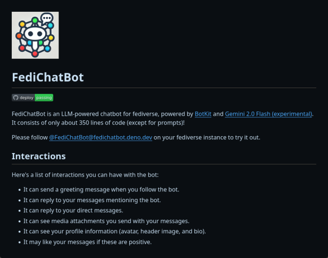 Screenshot von der FediChatBot GitHub Seite