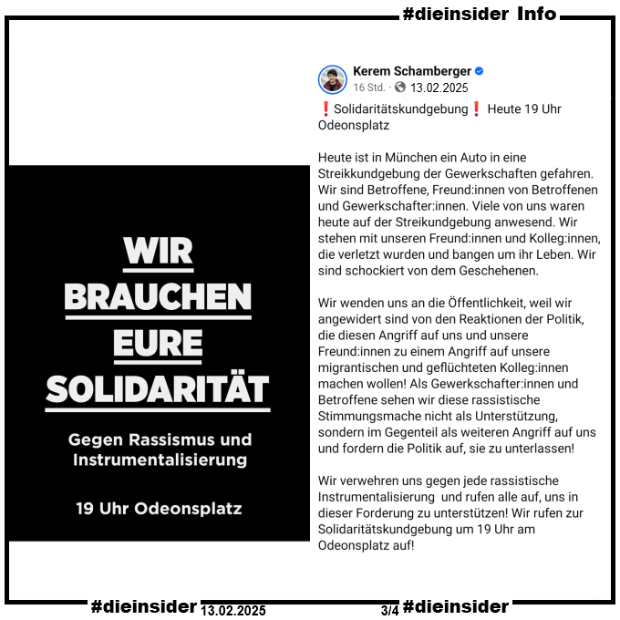 Hier zeigen wir als Info den Post zur Demo "Gegen Rassismus und Instrumentalisierung" am Abend des 13.02.2025 nach dem schrecklichen Anschlag auf die Verdi-Demo!
