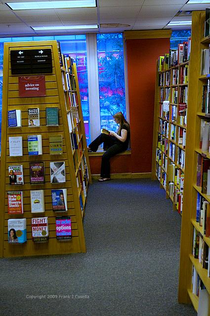 Photo Descripton: Shelves filled with books line the aisles of a cozy bookstore in Chicago, Illinois, while a person sits reading by a window with a view of the street and trees outside. Soft lighting creates a calm ambiance, perfect for getting lost in a book. The Good Book - Copyright 2009 Frank J Casella.