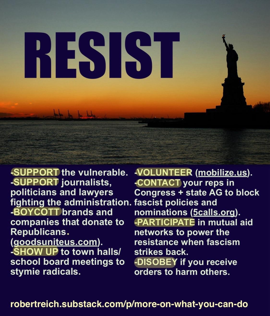 The image features a sunset backdrop with the Statue of Liberty. The bold text emphasizes "RESIST." Below, a list of actions is outlined:
-SUPPORT the vulnerable.
-SUPPORT journalists, politicians and lawyers fighting the administration. fascist policies and
-BOYCOTT brands and companies that donate to Republicans.
(goodsuniteus.com).
-VOLUNTEER (mobilize.us).
-CONTACT your reps in
Congress + state AG to block nominations (calls.org).
-PARTICIPATE in mutual aid networks to power the resistance when fascism strikes back.
-SHOW UP to town halls/ school board meetings to stymie radicals.
-DISOBEY if you receive orders to harm others.
robertreich.substack.com/p/more-on-
what-you-can-do