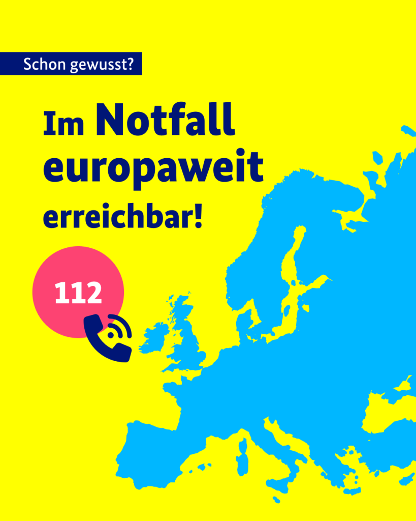 Auf der gelben Kachel wurde oben links ein dunkelblaues Banner eingefügt, auf dem in weißer Schrift folgender Text steht: Schon gewusst? Darunter steht in dunkelblauer Schrift: "Im Notfall europaweit erreichbar! 112".