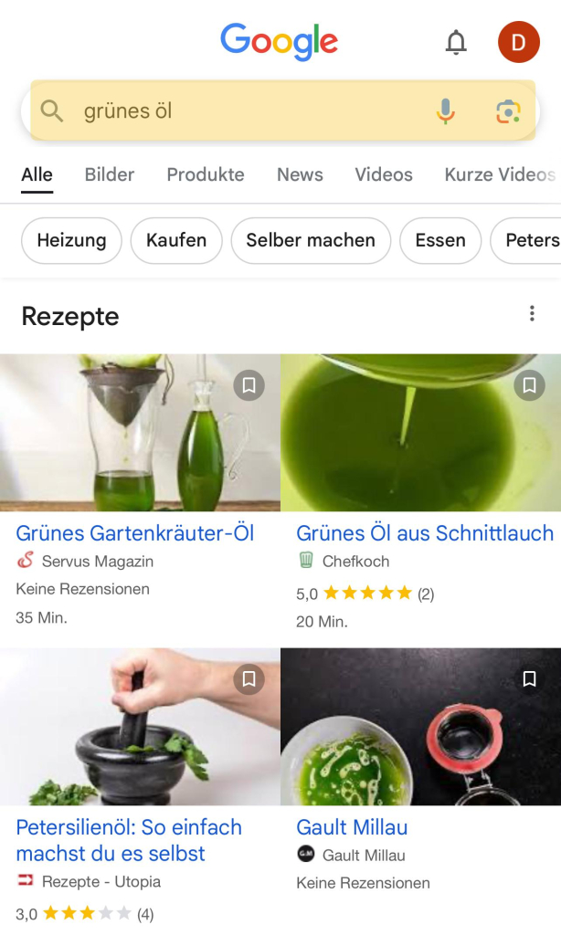 Das Bild zeigt eine Google-Suchergebnisseite für den Begriff "grünes Öl". Es gibt verschiedene Registerkarten wie "Alle", "Bilder", "Produkte", "News", "Videos" und "Kurze Videos". Unter den Suchergebnissen gibt es eine Rubrik "Rezepte" mit vier verschiedenen Rezepten für grünes Öl:

1. **Grünes Gartenkräuter-Öl** von Servus Magazin, keine Rezensionen, 35 Minuten.
2. **Grünes Öl aus Schnittlauch** von Chefkoch, 5,0 Sterne (2 Bewertungen), 20 Minuten.
3. **Petersilienöl: So einfach machst du es selbst** von Rezepte - Utopia, 3,0 Sterne (4 Bewertungen).
4. **Gault Millau** von Gault Millau, keine Rezensionen.

Die Suchergebnisse zeigen verschiedene Möglichkeiten, wie man grünes Öl selbst herstellen kann, und bieten eine Auswahl an Rezepten mit unterschiedlichen Zutaten und Zubereitungszeiten. 