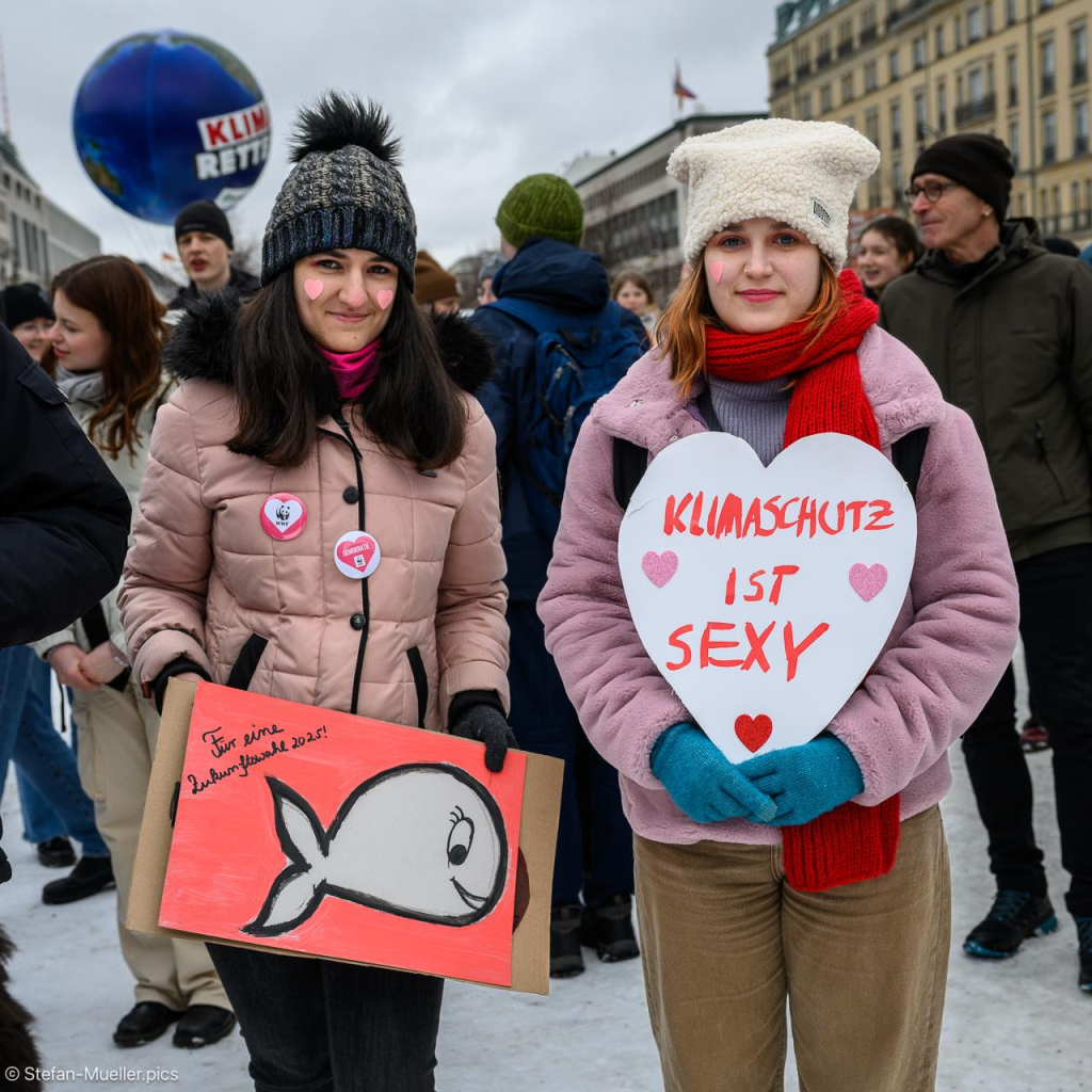 Teilnehmerinnen mit Schildern „Für eine Zukunftswahl 2025!“ / „Klimaschutz ist sexy“ beim Klimastreik von Fridays for Future in Berlin. Pariser Platz, 14.02.2024