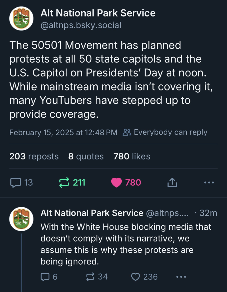 Screenshot of 50501 protest info from alt national park service, on Bluesky calling out mainstream media for lack of coverage