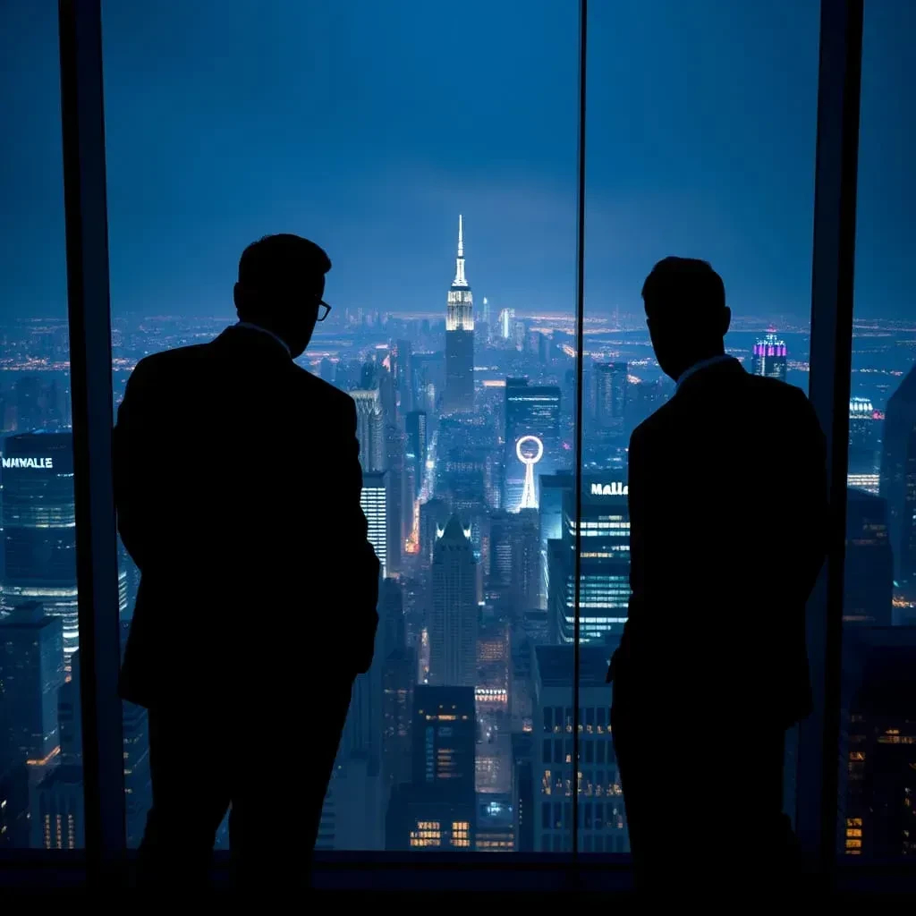 Zwei Geschäftsmänner schauen aus einem Hochhaus auf eine Skyline.