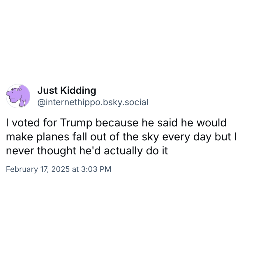 Screenshot of a post by Just Kidding @internethippo.bsky.social: 

I voted for Trump because he said he would make planes fall out of the sky every day but I never thought he'd actually do it 

February 17, 2025 at 3:03 PM