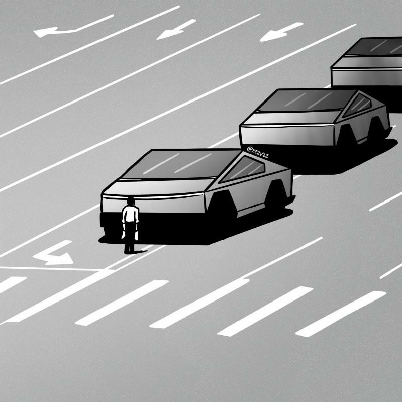 A cartoon of a line of Tesla tanks on a street, with a single person standing up against them.