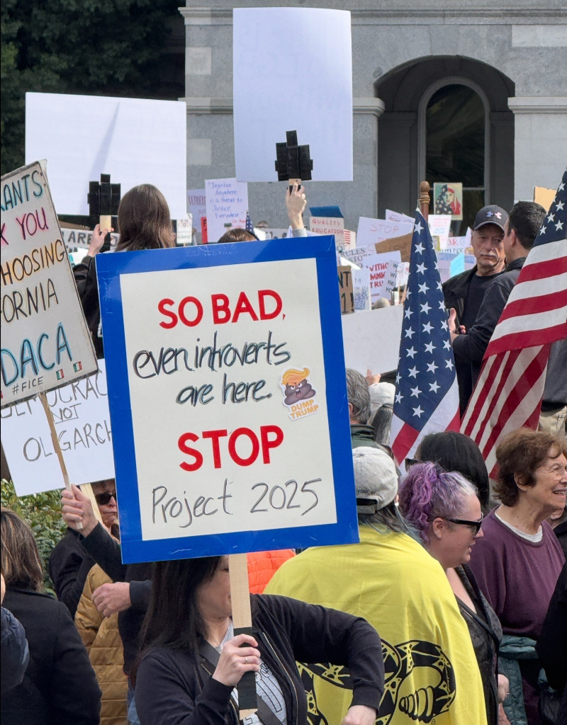 A diverse group of protesters hold signs at a California Capitol Building Presidents’ Day protest. One prominently displays the message, "SO BAD, even introverts are here. STOP Project 2025," accompanied by a cartoon image. Various other signs and American flags are visible in the background