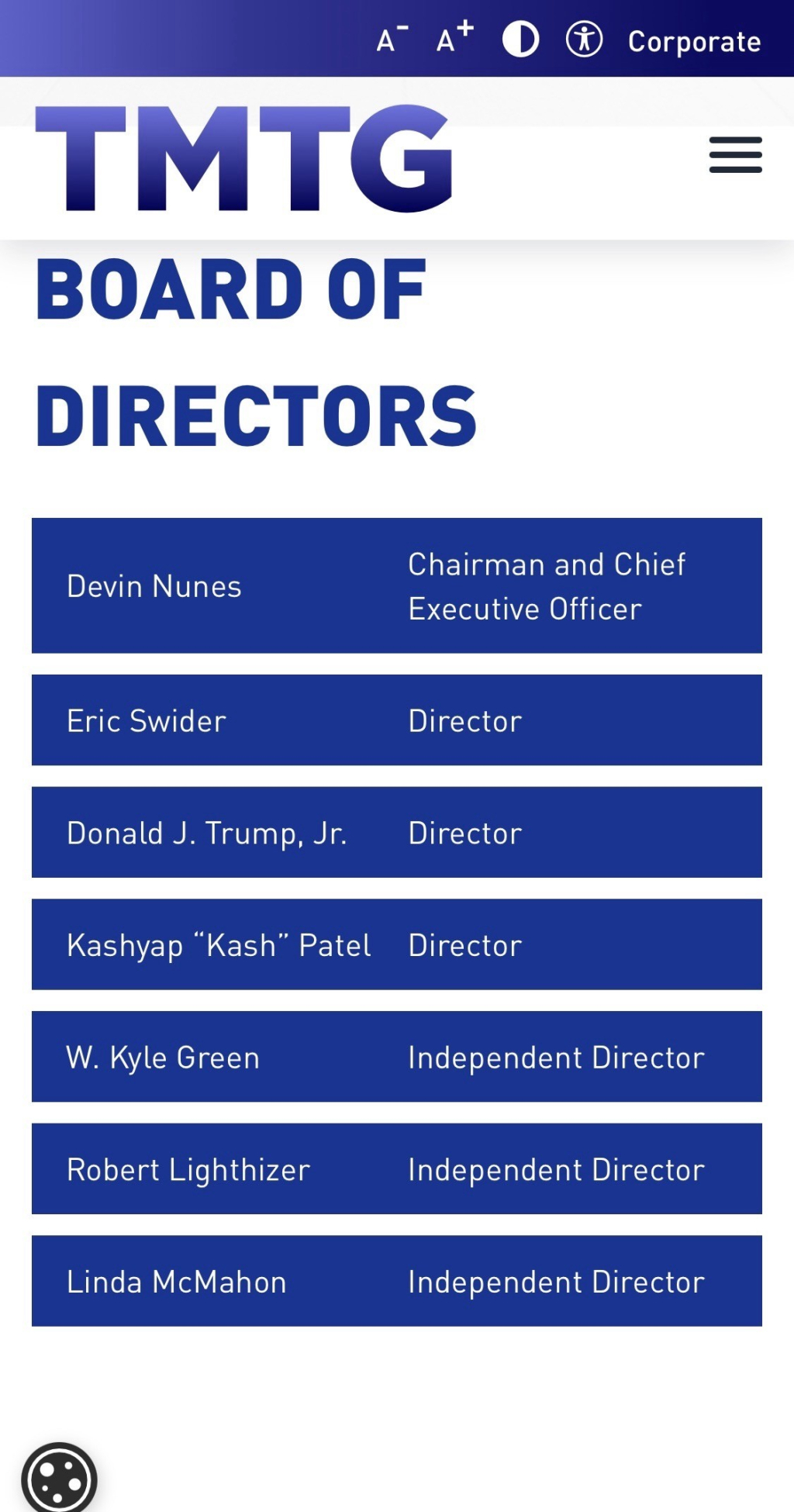 A A+ D TMTG BOARD OF DIRECTORS Corporate Devin Nunes Chairman and Chief Executive Officer Eric Swider Director Donald J. Trump, Jr. Director Kashyap "Kash" Patel Director W. Kyle Green Independent Director Robert Lighthizer Independent Director Linda McMahon Independent Director

https://ir.tmtgcorp.com/corporate-governance/board-of-directors/

Accessed: 17 February 2025, 2246 MST