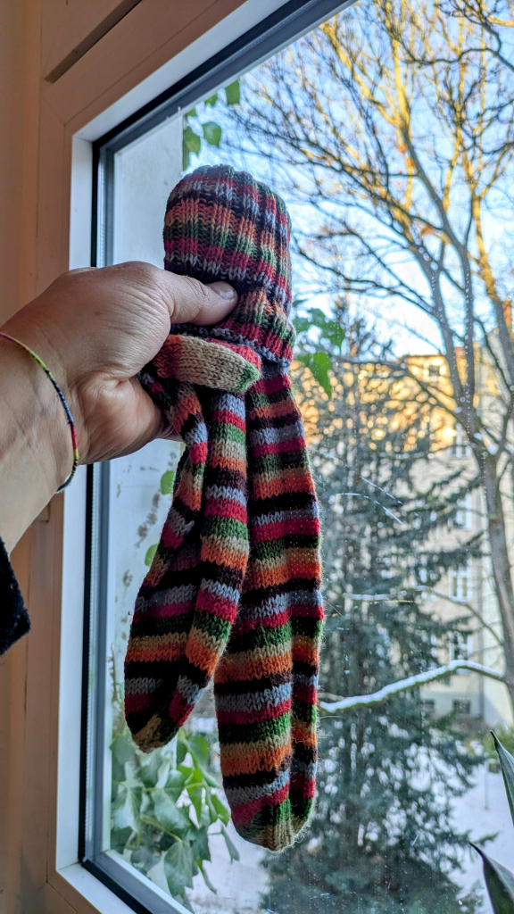 Eine Hand hält ein Paar gestrickte, bunt gestreifte Wollsocken vor ein Fenster. Im Hintergrund sind kahle Bäume, grüne Pflanzen und ein verschneiter Hof mit Wohnhäusern zu sehen. Das Tageslicht fällt durch das Fenster, und die warme Farbpalette der Socken kontrastiert mit der winterlichen Kulisse.