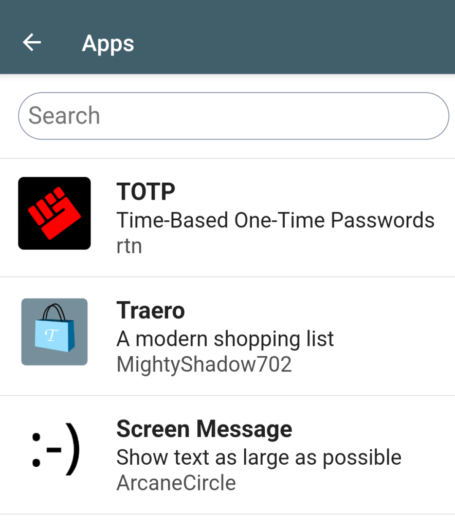 Screenshot of Delta Chat app picker with three new apps: traero a new shoppingmlist, totp for managing otp secrets and screen message for typing letter that fill out the full screen at all times 