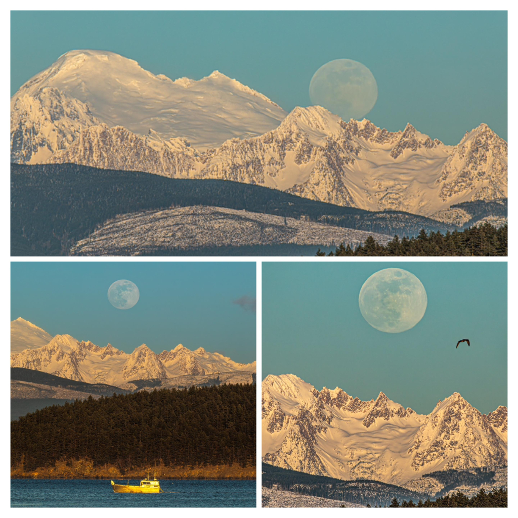 The almost full Snow moon rising over snow covered mountains, glaciers. Clear blue skies.  Three photos, two closeups and a wider shot with a boat in the foreground on the water. 