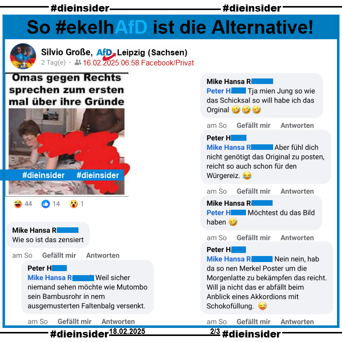 Silvio Große von der AfD Leipzig teilt ein Bild auf dem man zensiert eine weiße ältere Frau auf dem Bett knieend sieht und dahinter ein schwarzer großer Mann steht. Dazu steht "Omas gegen Rechts sprechen zum ersten mal über ihre Gründe."

Auf Slide 2 zeigen wir den Kommentar von Mike "Wie so ist das zensiert." mit den Antworten von Peter "Weil sicher niemand sehen möchte wie Mutombo sein Bambusrohr in nem ausgemusterten Faltenbalg versenkt.", Mike "Tja mien Jung so wie das Schicksal so will habe ich das Orginal.", Peter "Aber fühl dich nicht genötigt das Original zu posten, reicht so auch schon für den Würgereiz.", Mike "Möchtest du das Bild haben." und Peter "Nein nein, hab da so nen Merkel Poster um die Morgenlatte zu bekämpfen das reicht. Will ja nicht das er abfällt beim Anblick eines Akkordions mit Schokofüllung."

