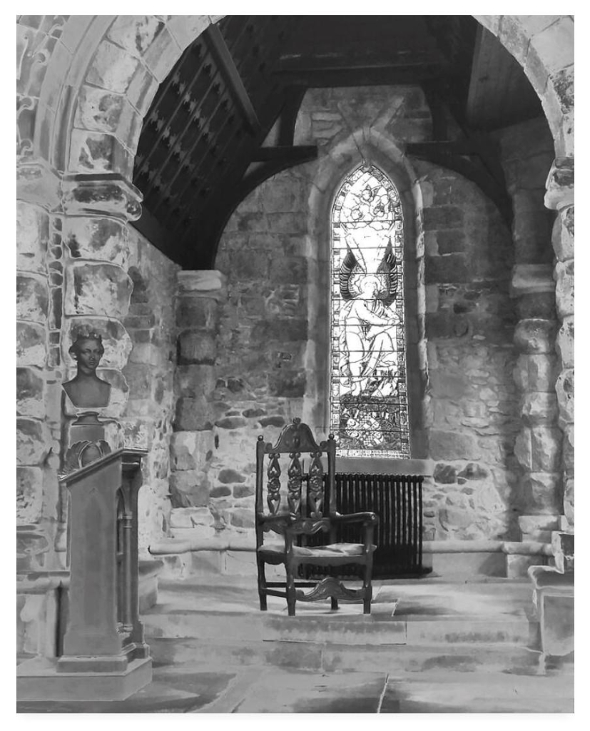 Black and white portrait photograph showing an empty wooden armchair beneath a stained glass lancet window.