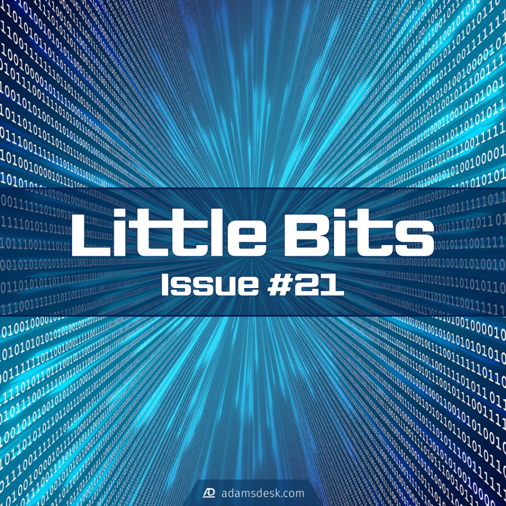 Over top view of a wall of white binary text with a blue background that has an explosion in the middle coming towards the viewer sits large bold text that reads, 'Little Bits issue #21'.