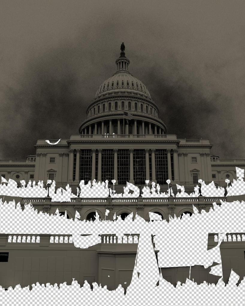 Black-and-white photo of the United States Capitol on January 6, with demonstrators blocked out in a white-and-gray-checkered pattern
Illustration by Ricardo Tomás. Source: Tayfun Coskun / Anadolu / Getty