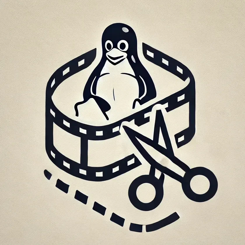 Ein Linux Pinguin wird von einer Filmrolle umringt. Vor der Filmrolle befindet sich eine Schere, die das "Schneiden" des Videomaterials symbolisieren soll.