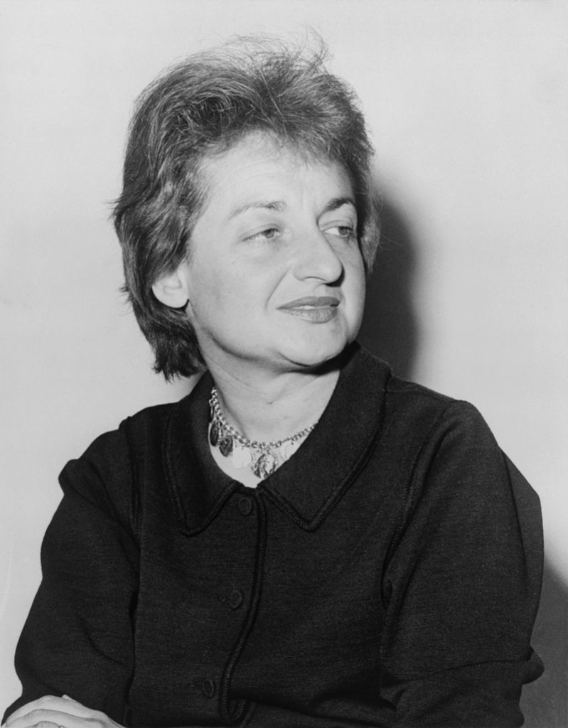 black and white photo of Betty Friedan. She is a white woman with light hair.
