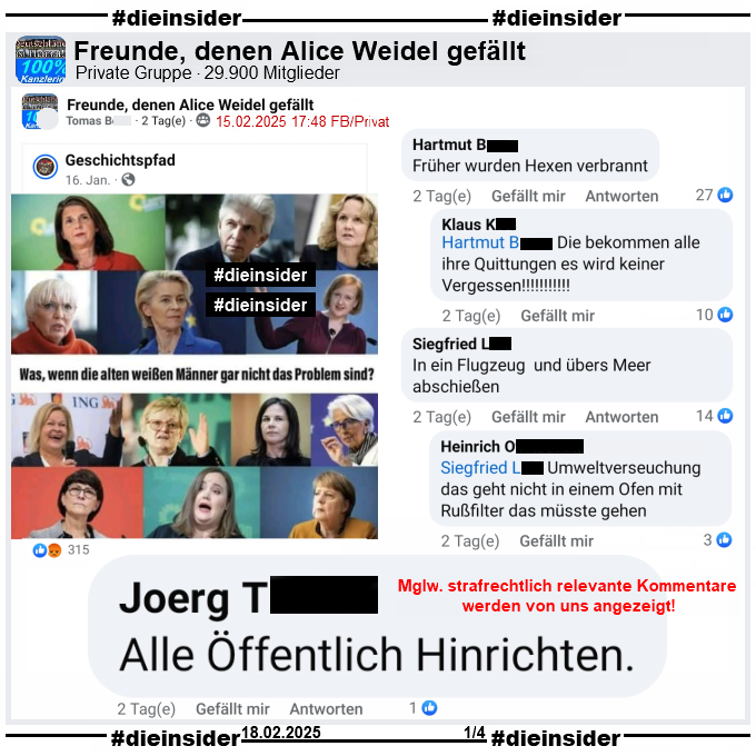 In der Gruppe "Freunde, denen Alice Weidel gefällt" wird ein Bild mit verschiedenen Politikerinnen geteilt. U.a. zu sehen sind Katrin Göring-Eckardt, Claudia Roth, Ursula von der Leyen, Nancy Faeser, Annalena Baerbock, Ricarda Lang und Angela Merkel. Dazu steht im Bild "Was, wenn die alten weißen Männer gar nicht das Problem sind?".

Wir zeigen auf Slide 1 u.a. die Kommentare "Alle Öffentlich Hinrichten.", "Früher wurden Hexen verbrannt." mit der Antwort "Die bekommen alle ihre Quittungen es wird keiner Vergessen!" und "In ein Flugzeug und übers Meer abschießen." mit der Antwort "Umweltverseuchung das geht nicht in einem Ofen mit Rußfilter das müsste gehen."

Die möglicherweise strafrechtlich relevanten Kommentare werden von uns angezeigt!
