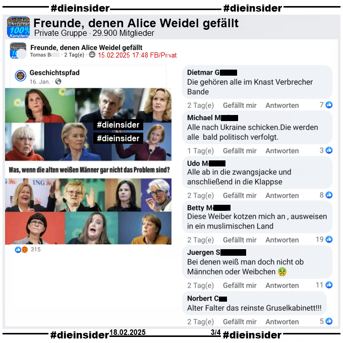 In der Gruppe "Freunde, denen Alice Weidel gefällt" wird ein Bild mit verschiedenen Politikerinnen geteilt. U.a. zu sehen sind Katrin Göring-Eckardt, Claudia Roth, Ursula von der Leyen, Nancy Faeser, Annalena Baerbock, Ricarda Lang und Angela Merkel. Dazu steht im Bild "Was, wenn die alten weißen Männer gar nicht das Problem sind?".

Wir zeigen auf Slide 3 u.a. die Kommentare "Die gehören alle im Knast Verbrecher Bande.", "Alle nach Ukraine schicken.Die werden alle bald politisch verfolgt.", "Alle ab in die zwangsjacke und anschließend in die Klappse.", "Diese Weiber kotzen mich an , ausweisen in ein muslimischen Land.", "Bei denen weiß man doch nicht ob Männchen oder Weibchen." und "Alter Falter das reinste Gruselkabinett!"

Die möglicherweise strafrechtlich relevanten Kommentare werden von uns angezeigt!
