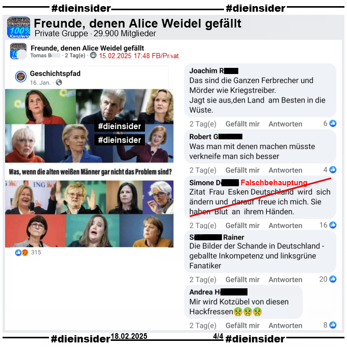 In der Gruppe "Freunde, denen Alice Weidel gefällt" wird ein Bild mit verschiedenen Politikerinnen geteilt. U.a. zu sehen sind Katrin Göring-Eckardt, Claudia Roth, Ursula von der Leyen, Nancy Faeser, Annalena Baerbock, Ricarda Lang und Angela Merkel. Dazu steht im Bild "Was, wenn die alten weißen Männer gar nicht das Problem sind?".

Wir zeigen auf Slide 4 u.a. die Kommentare "Das sind die Ganzen Ferbrecher und Mörder wie Kriegstreiber. Jagt sie aus, den Land am Besten in die Wüste.", "Was man mit denen machen müsste verkneife man sich besser.", "Zitat Frau Esken Deutschland wird sich ändern und darauf freue ich mich. Sie haben Blut an ihrem Händen." mit der Anmerkung "Falschbehauptung!" von uns, "Die Bilder der Schande in Deutschland - geballte Inkompetenz und linksgrüne Fanatiker." und "Mir wird Kotzübel von diesen Hackfressen."

Die möglicherweise strafrechtlich relevanten Kommentare werden von uns angezeigt!
