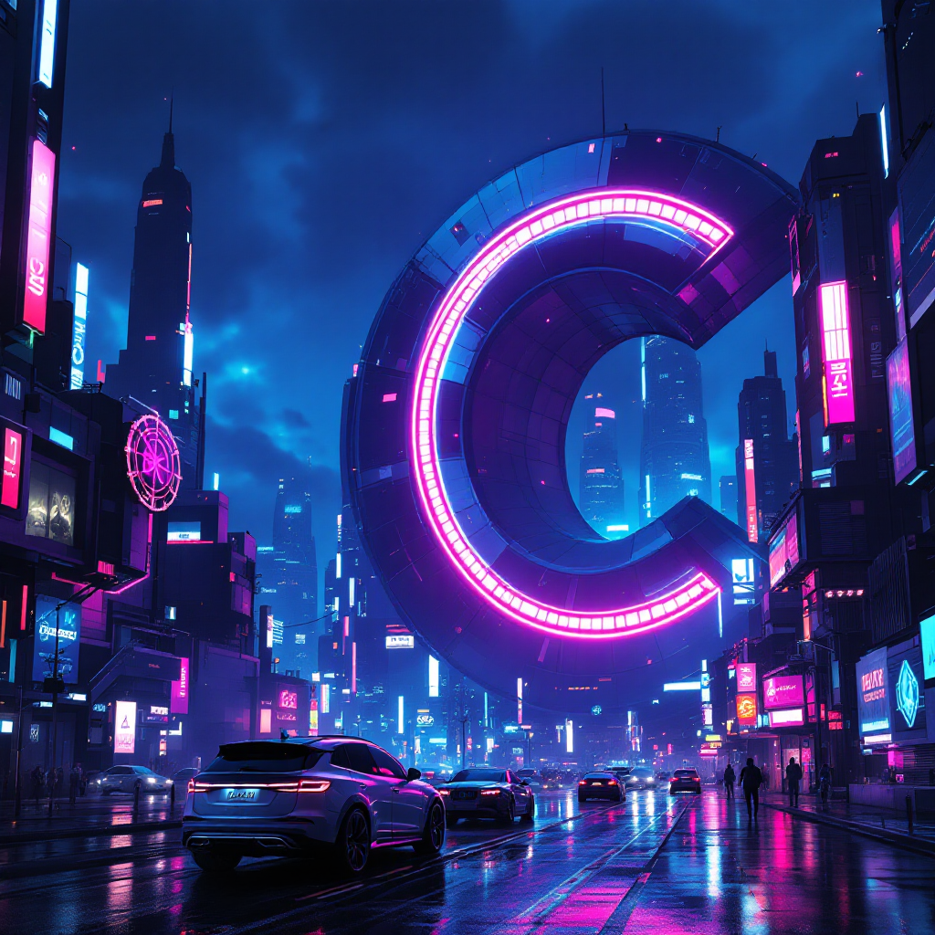 hyperrealistic, hypersurrealistic, hyperfuturistic cityscape at night with neon-lit skyscrapers and futuristic structures under a moody, cyberpunk sky. A colossal, glowing letter 'C' is integrated into the urban design, its light reflecting off glass facades and wet streets below. The scene is filled with vibrant neon blues, pinks, and purples, intricate digital textures, and a surreal, otherworldly atmosphere that evokes advanced technology and mystery.