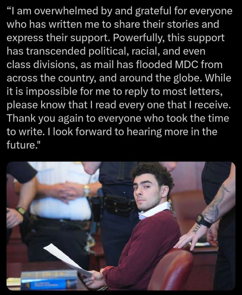 "I am overwhelmed by and grateful for everyone who has written me to share their stories and express their support. Powerfully, this support has transcended political, racial, and even class divisions, as mail has flooded MDC from across the country, and around the globe. While it is impossible for me to reply to most letters, please know that I read every one that I receive. Thank you again to everyone who took the time to write. I look forward to hearing more in the future."