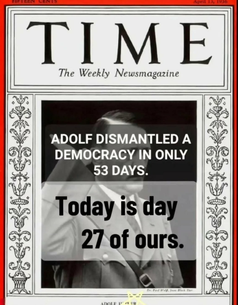 Time the weekly news magazine, Adolf dismantled democracy in only 53 days, today is day 27 of ours