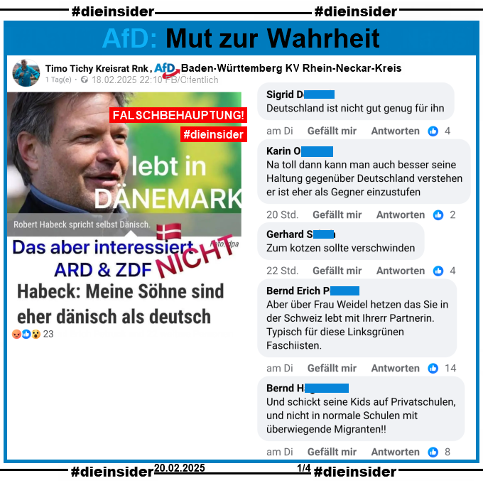 Geteilt wird ein Sharepic mit einem Bild von Robert Habeck und "lebt in Dänemark. Robert Habeck spricht selbst Dänisch. Das aber interessiert ARD & ZDF nicht. Habeck: Meine Söhne sind eher dänisch als deutsch." 

Nein, Robert Habeck lebt in Flensburg, Schleswig-Holstein und hat seinen Zweitwohnsitz in Berlin. Der Faktencheck und die Info dazu auf Slide 3!

Hier zeigen wir den öffentlichen Post von Timo Tichy, Kreisrat der AfD Baden-Württemberg im Rhein-Neckar-Kreis und u.a. die Kommentare 

"Deutschland ist nicht gut genug für ihn.", "Na toll dann kann man auch besser seine Haltung gegenüber Deutschland verstehen er ist eher als Gegner einzustufen.", "Zum kotzen sollte verschwinden.", "Aber über Frau Weidel hetzen das Sie in der Schweiz lebt mit Ihrerr Partnerin. Typisch für diese Linksgrünen Faschiisten." und "Und schickt seine Kids auf Privatschulen, und nicht in normale Schulen mit überwiegende Migranten!"
