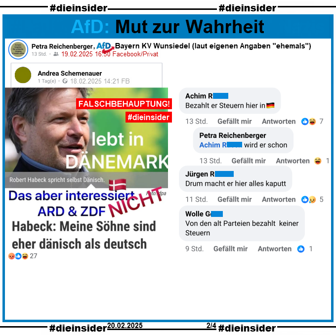 Geteilt wird ein Sharepic mit einem Bild von Robert Habeck und "lebt in Dänemark. Robert Habeck spricht selbst Dänisch. Das aber interessiert ARD & ZDF nicht. Habeck: Meine Söhne sind eher dänisch als deutsch." 

Nein, Robert Habeck lebt in Flensburg, Schleswig-Holstein und hat seinen Zweitwohnsitz in Berlin. Der Faktencheck und die Info dazu auf Slide 3!

Hier zeigen wir den privaten Post von Petra Reichenberger, laut eigenen Angaben "ehemals" AfD Bayern KV Wunsiedel und u.a. die Kommentare 

"Bezahlt er Steuern hier in Deutschland." und der Antwort von Reichenberger "wird er schon.", "Drum macht er hier alles kaputt." und "Von den alt Parteien bezahlt keiner Steuern."
