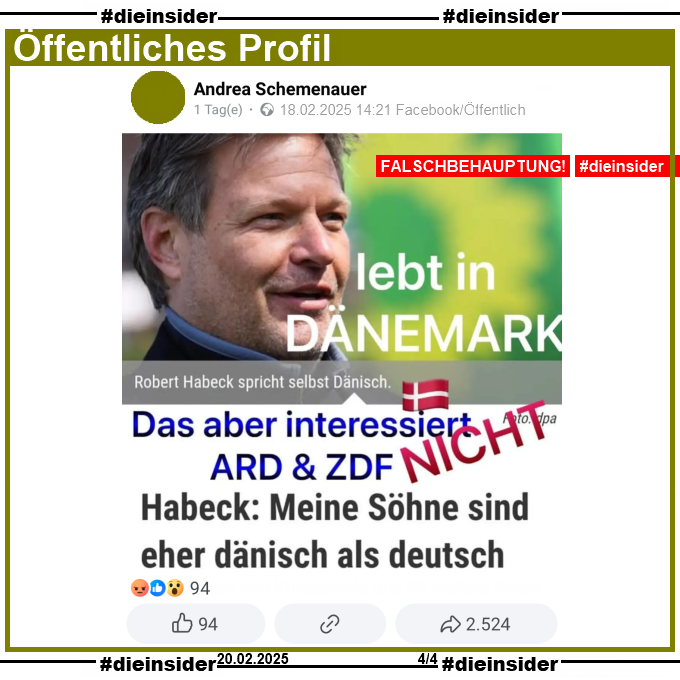 Geteilt wird ein Sharepic mit einem Bild von Robert Habeck und "lebt in Dänemark. Robert Habeck spricht selbst Dänisch. Das aber interessiert ARD & ZDF nicht. Habeck: Meine Söhne sind eher dänisch als deutsch." 

Nein, Robert Habeck lebt in Flensburg, Schleswig-Holstein und hat seinen Zweitwohnsitz in Berlin. Der Faktencheck und die Info dazu auf Slide 3!

Hier zeigen wir den öffentlichen Ursprungspost vom 18.02.2025 14:21 von Andrea Sch., der mittlerweile 3.000 Mal geteilt wurde.
