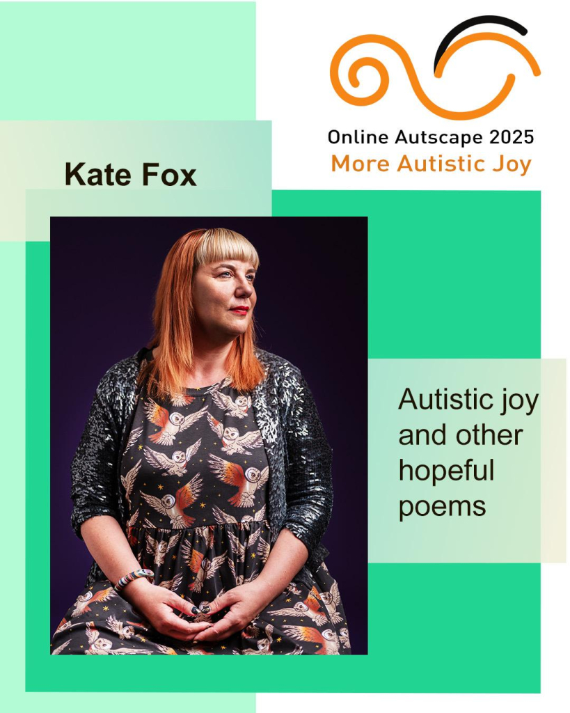 At Online Autscape 2025: More Autistic Joy, Kate Fox performed: Autistic joy and other hopeful poems. Portrait of the performer, a woman with copper-coloured long hair, wearing an owl-themed dress, looking sideways.