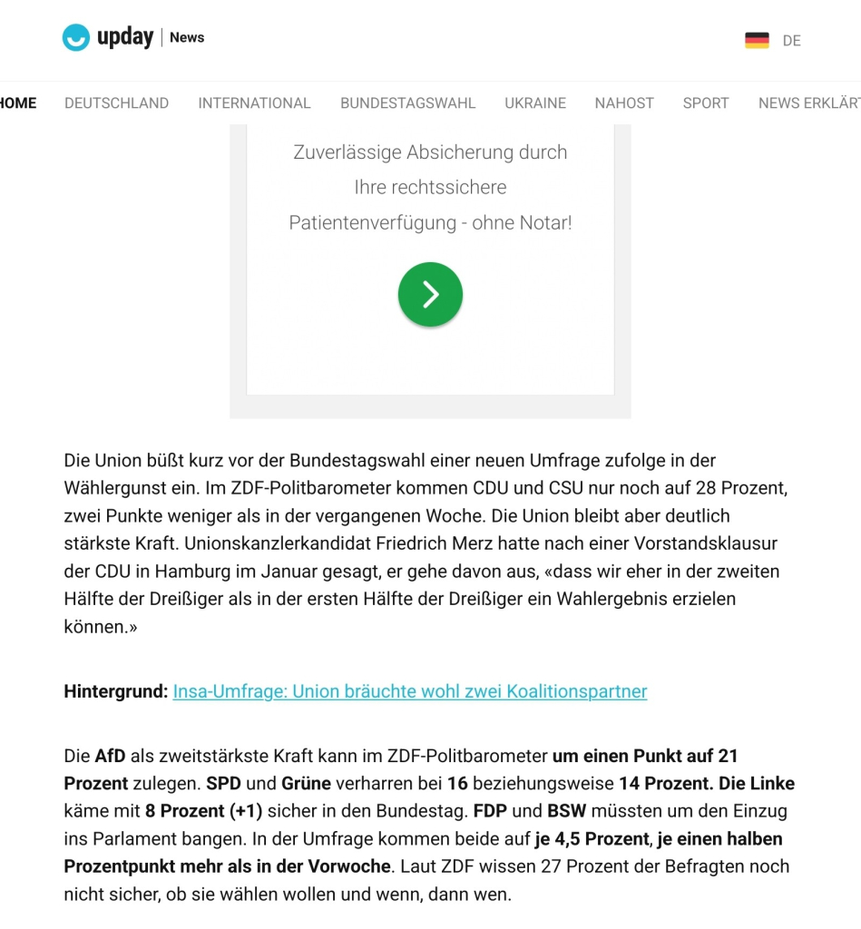 Wahlprognose ZDF politbarometer, Upday news