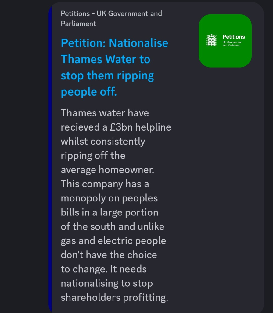 Petition to have Thames Water nationalised