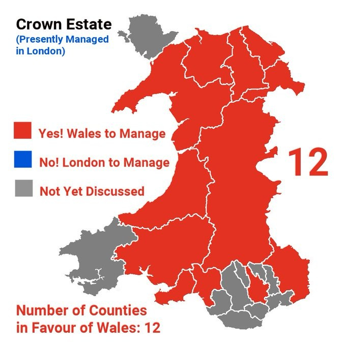 Map showing the 22 counties of Cymru, designed to illustrate whether the individual counties want the Crown Estate to be managed in Cymru (presently managed in London).  Twelve say yes, none say no, the other ten have yet to discuss.