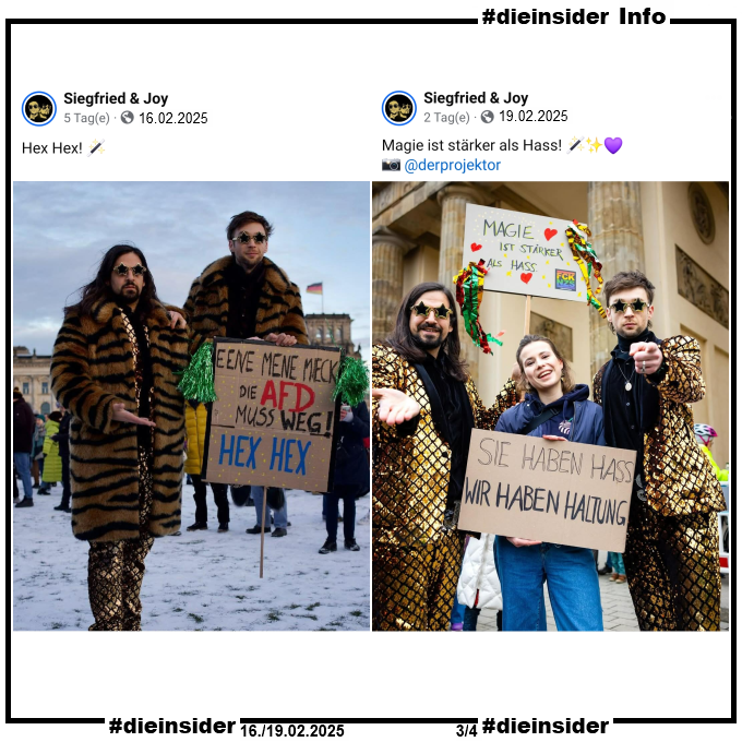 Hier zeigen wir als Info von Siegfried & Joy einmal den Post vom 16.02.2025 mit dem Demo-Plakat "Eene Mene Meck die AfD muss weg! Hex Hex." und vom 19.02.2025 mit Luisa Neubauer und "Sie haben Hass wir haben Haltung."

