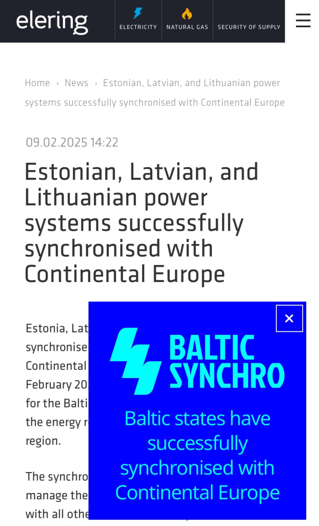 Elering press release from 2025-02-08, 14:22 CET, announcing the successful syncronisation of the Baltic electricity grid with CESA