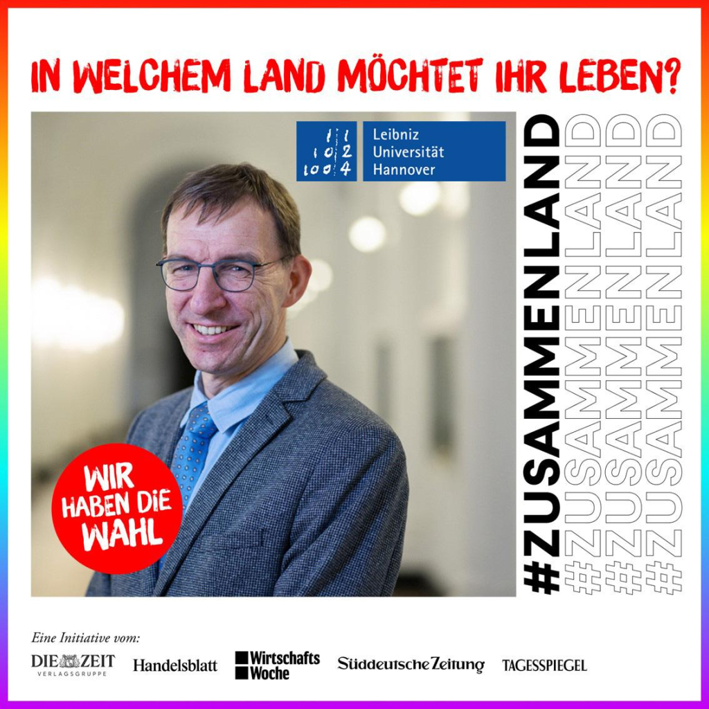 Porträtfoto von Prof. Dr.-Ing. Holger Blume, eingebunden in das Kampagnenmotiv der Initiative #Zusammenland: In welchem Land möchtet ihr leben?