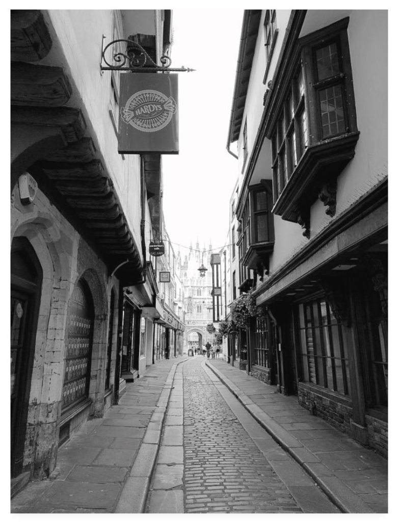 Black and white portrait photograph showing a cobbled road between medieval buildings.  To the left a building has a hanging store sign for Hardys sweet shop.  In the distance are the spires of Canterbury Cathedral.